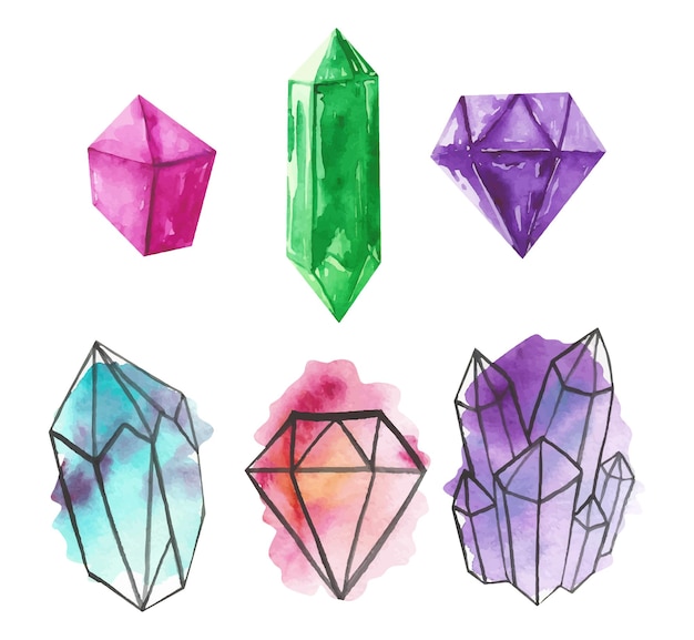 Vector watercolor crystals set illustration