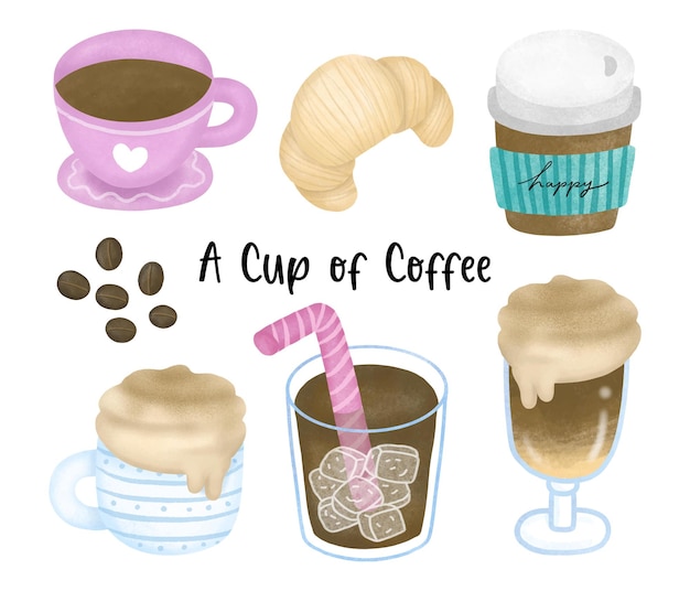 Vector watercolor cup of coffee set with coffee bean and croissant americano latte expresso cappuccino