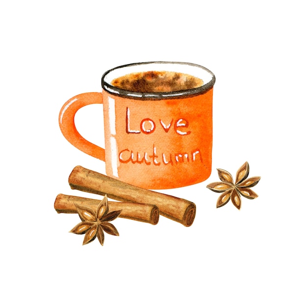 Vector watercolor cup of coffee with cookies cinnamon and spicy