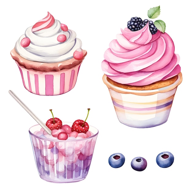 Vettore vettore di illustrazione alimentare di cupcake ad acquerello