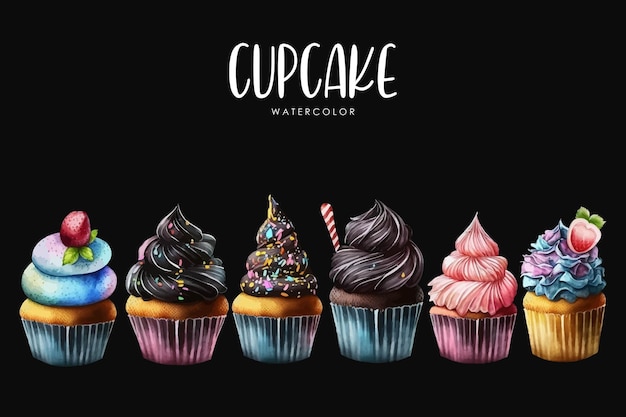 watercolor cupcake illustration set on isolated black background