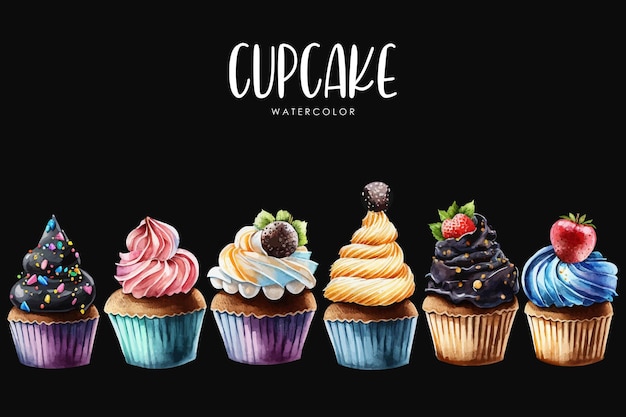 Watercolor cupcake illustration set on isolated black background