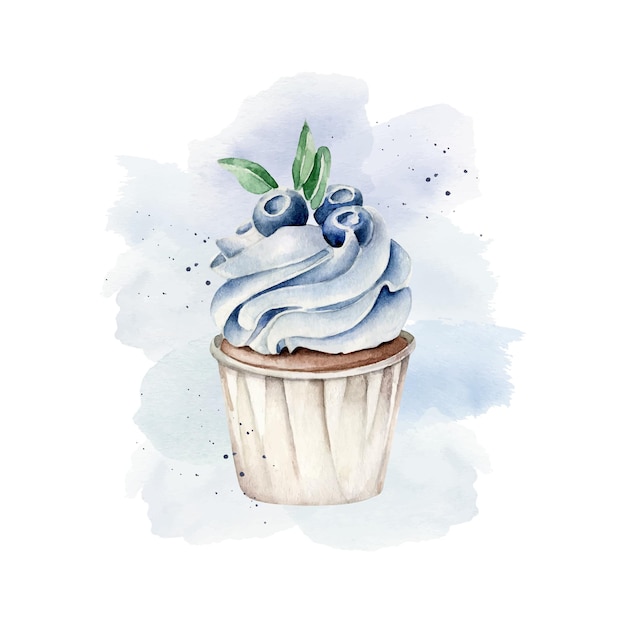 Watercolor cupcake with blueberry on blue background