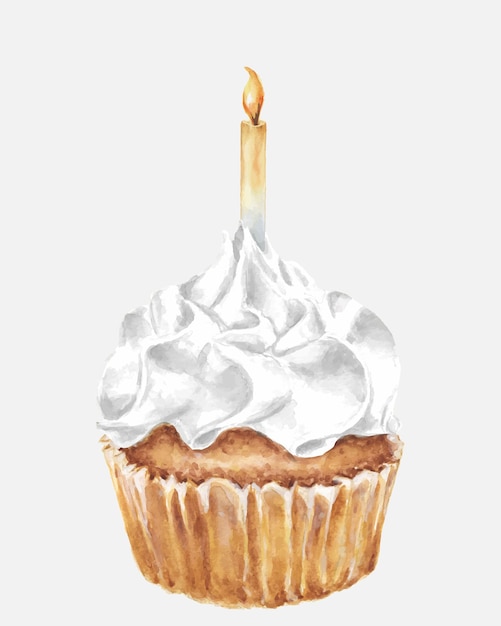 Vector watercolor cupcake with cream and burning candle hand drawn illustration for holiday birthday