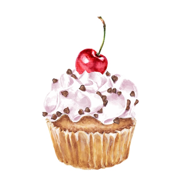 Watercolor cupcake with cream and cherry