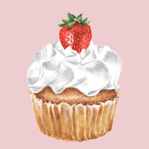 Vector watercolor cupcake with cream and strawberry