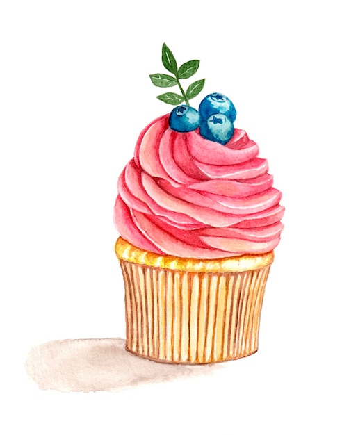 Vector watercolor cupcake with pinck cream