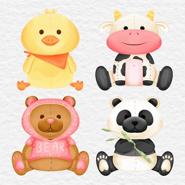 Watercolor cute animal doll and baby toy element collection