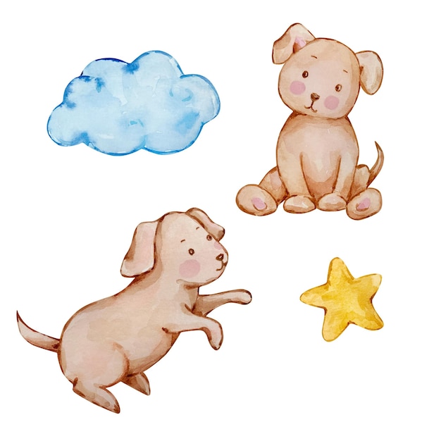 Watercolor cute baby angel dogs