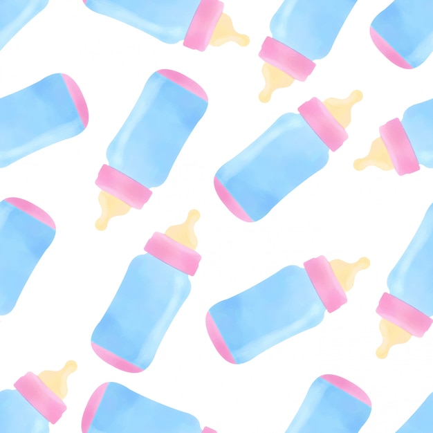 Vector watercolor cute baby bottle milk seamless pattern