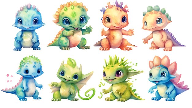 Watercolor cute baby dinosaurs illustration collection