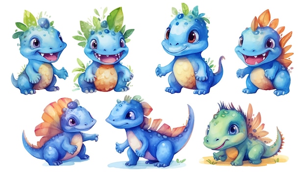 Watercolor cute baby dinosaurs illustration collection