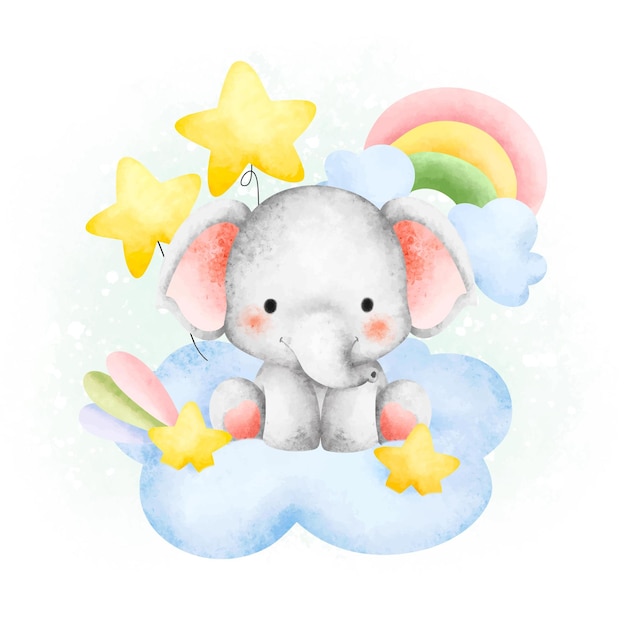 Watercolor cute baby elephant on the cloud