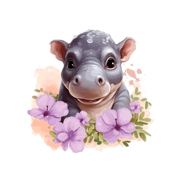 Vector watercolor cute baby hippo flower illustration