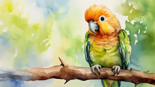 Вектор Акварель милый маленький попугай на ветке дерева