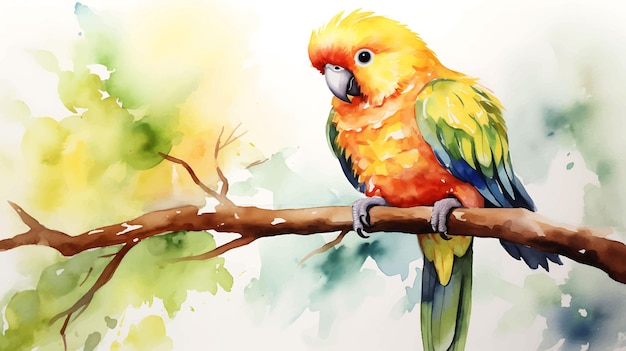 Watercolor cute baby parrot on tree branch