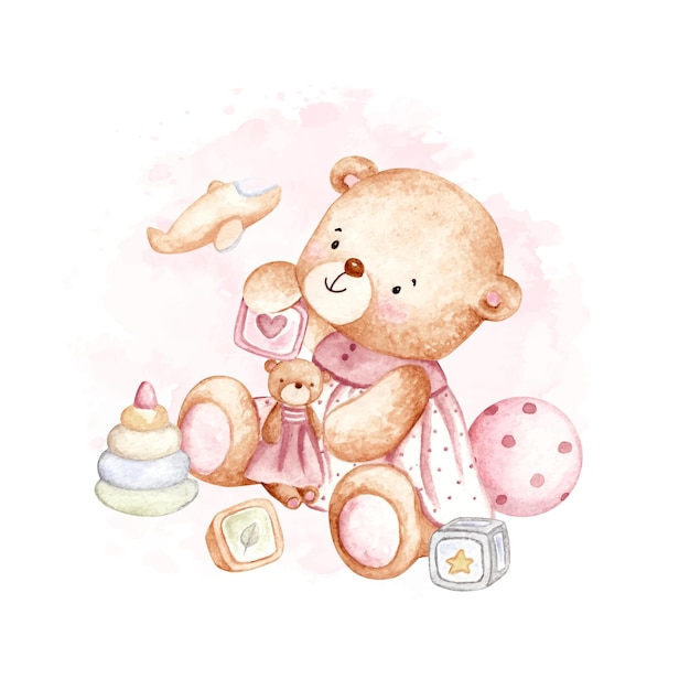 Vector watercolor cute baby teddy bear with toys