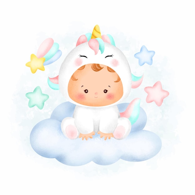 구름에 앉아 수채화 귀여운 아기 유니콘 캐릭터