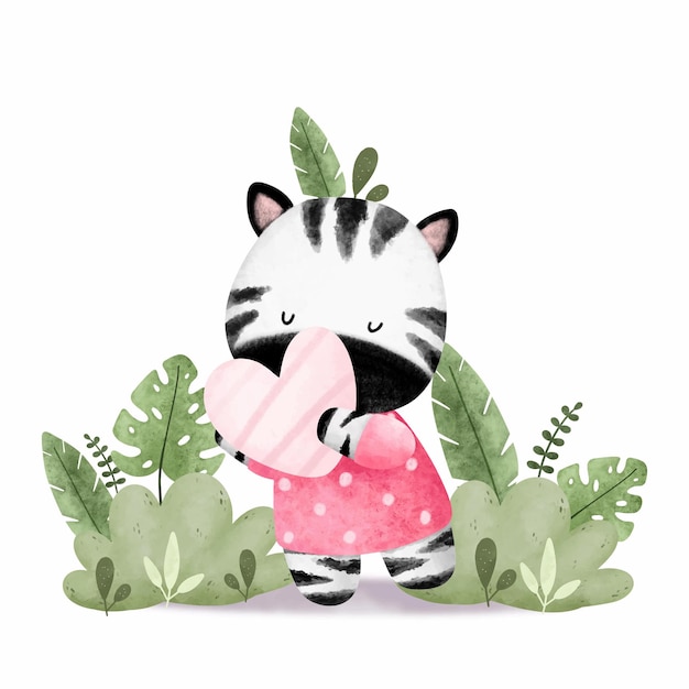 Watercolor cute baby zebra and plant