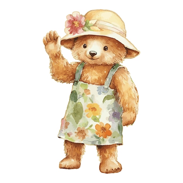 Vector watercolor cute bear say hi with flower hat and flower jumpsuit concept