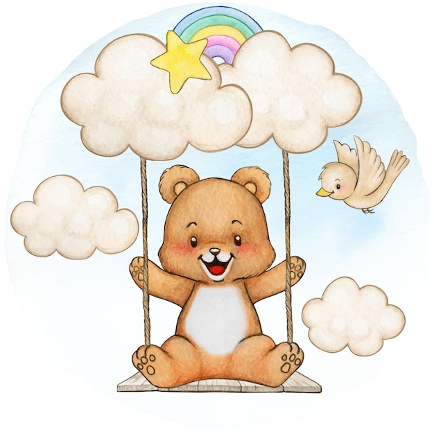 Watercolor cute bear on a swing in the clouds