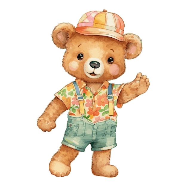 벡터 여름용 점프수트와 모자를 쓴 수채색 귀여운 곰 서 있는 사랑스러운 컨셉