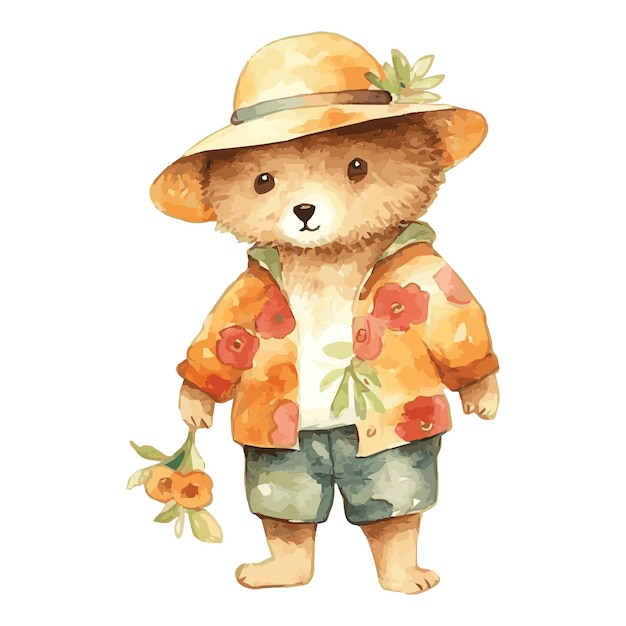 Vector watercolor cute bear wearing summer jump suit and cap standing adorable concept