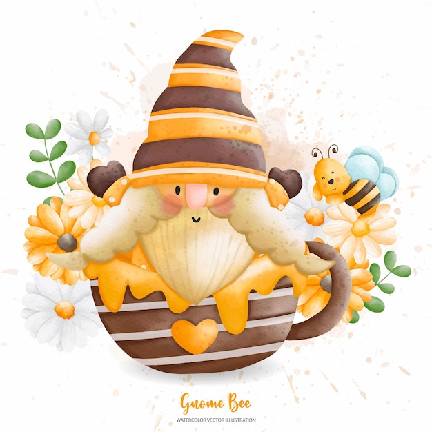 Watercolor Cute Bee Gnome in Honey mug Digital paint watercolor illustrationxDxA
