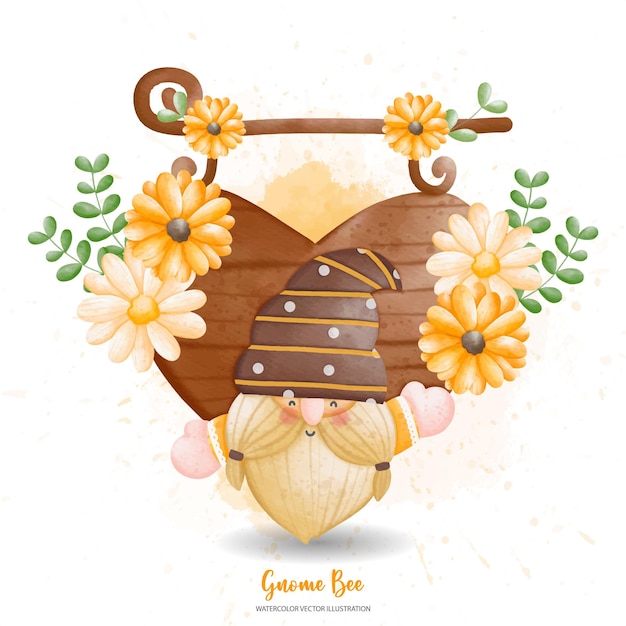 Acquerello cute bee gnome con margherite e cuore pittura digitale ad acquerello illustrationxdxa