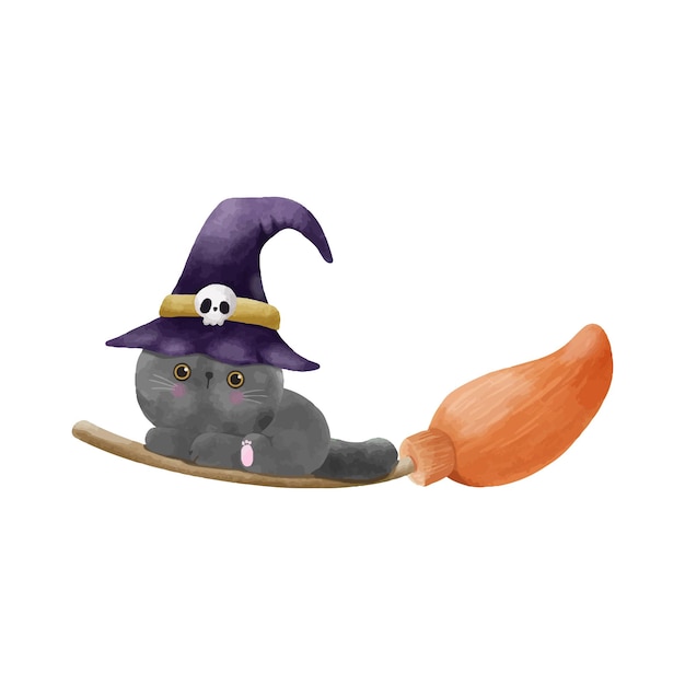 watercolor Cute black cat wearing witch hat on broomstick Halloween party element vector llustration