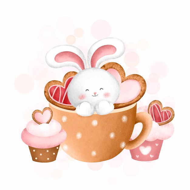 Watercolor cute bunny in a cup and cupcake