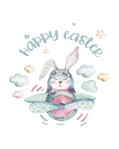 Watercolor cute bunny happy easter card egg chic hand drawn illustration