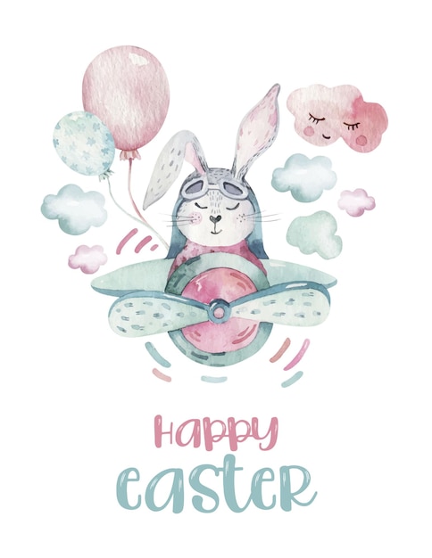 watercolor Cute Bunny Happy Easter card Egg chic hand drawn illustration