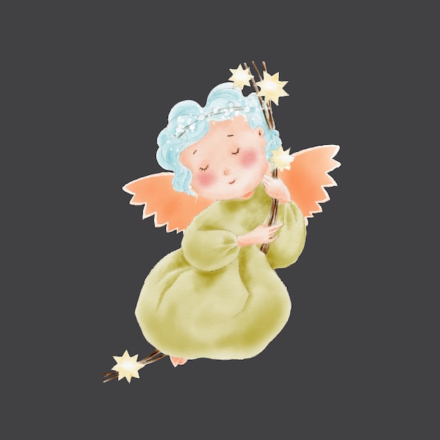 Watercolor cute cartoon angel on stars swing