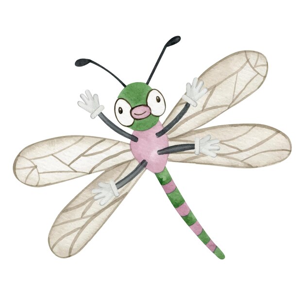 Vector watercolor cute cartoon dragonfly character. insect hand drawn illustartion for kids.