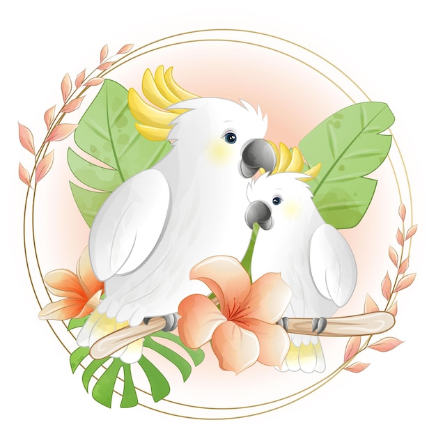 Vector watercolor cute cartoon little cockatoo with floral