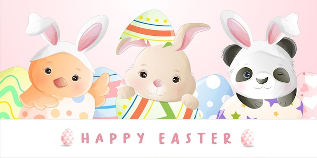 Vector watercolor cute cartoon little rabbit for easter day