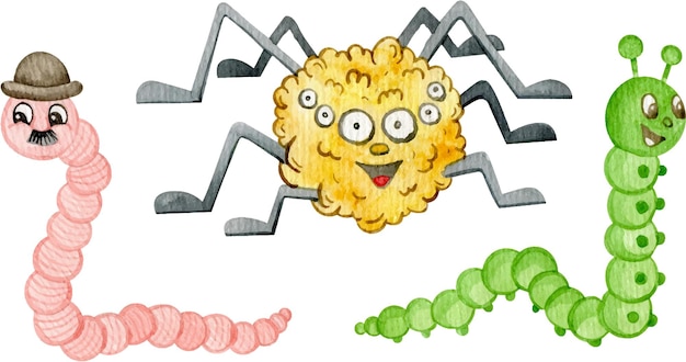 Акварель милый мультяшный паук, червяк, гусеница. насекомые нарисованы вручную для детей.