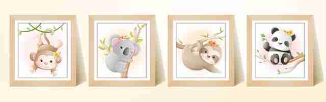 Vector watercolor cute cartoon tropical animal with frame