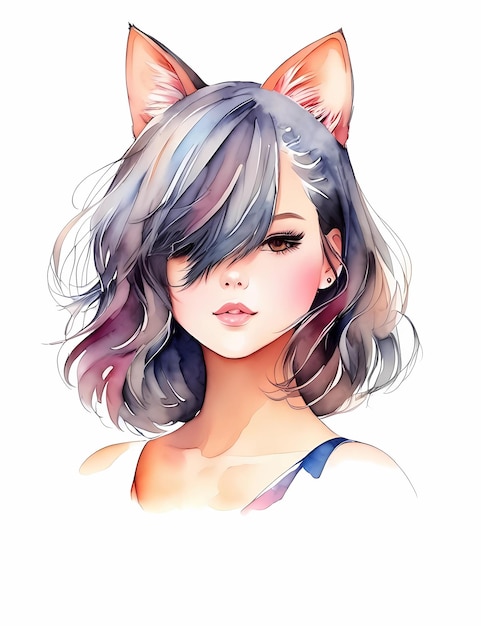 Watercolor cute cat girl