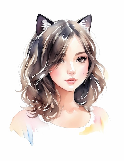 Watercolor cute cat girl