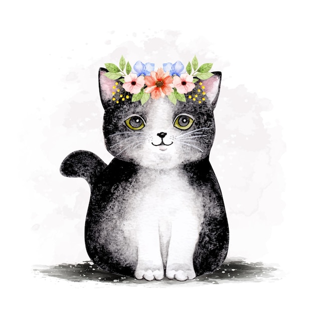 Watercolor cute cat wearing flower wreath