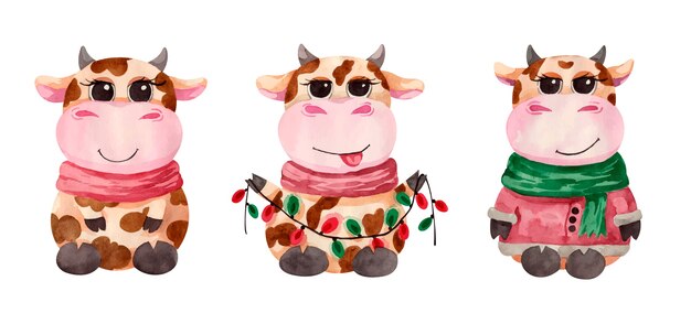 Watercolor cute christmas bulls characters with garland
