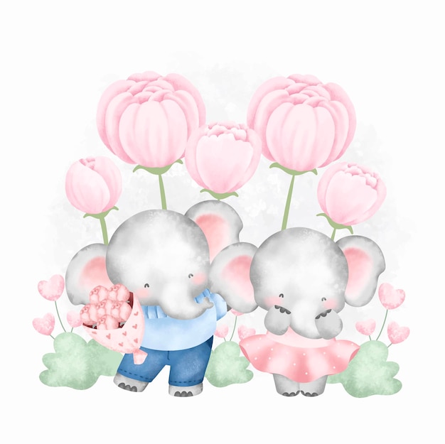 Watercolor cute couple elephant and flowers