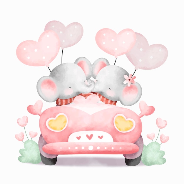 Watercolor cute couple elephant in pink car with balloon