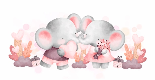 Watercolor cute couple elephant with plant and gift