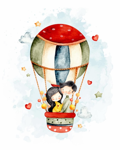 Watercolor cute couple flying with hot air balloon