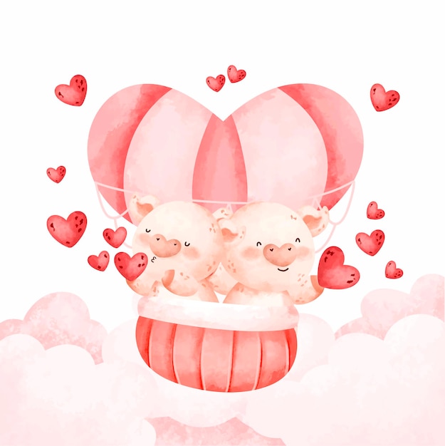 Watercolor cute couple pig flying with hot air balloon