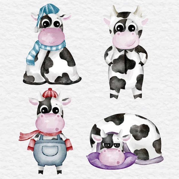 Vector watercolor cute cow character set