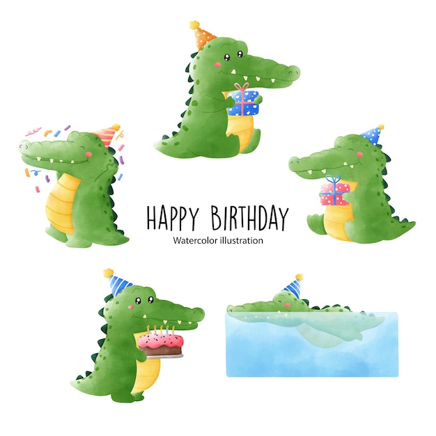 Illustrazione di vettore della festa di compleanno del coccodrillo sveglio dell'acquerello